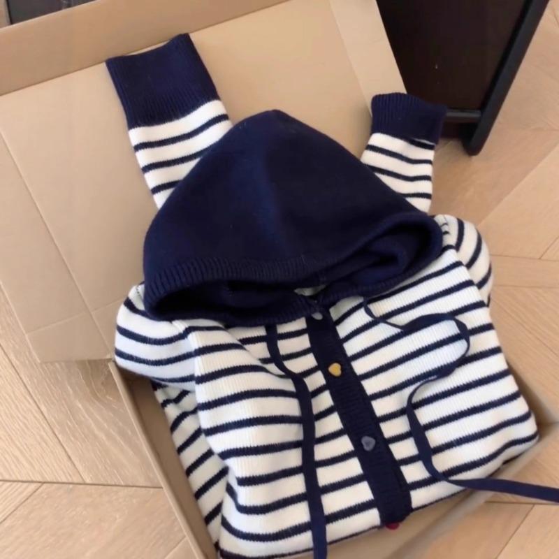 

Lazy wind striped contrasting color long-sleeved knitted cardigan women s autumn clothing new fashion loose sweater jacket S тёмно-синий