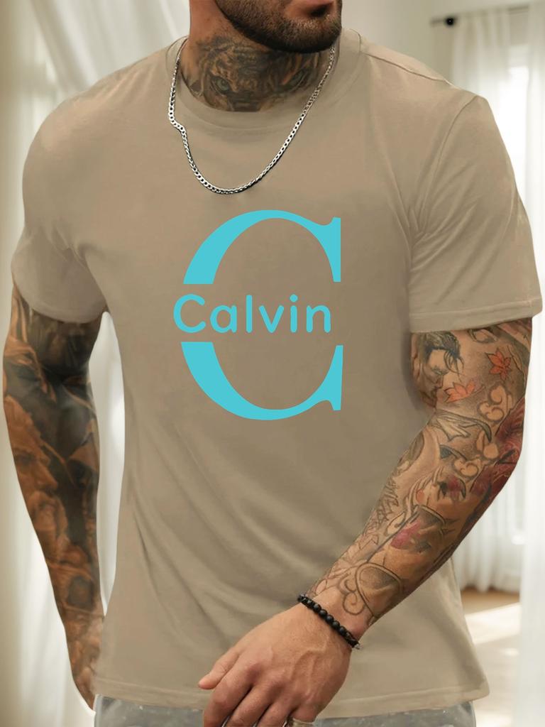 Camiseta de Manga Curta Calvin Masculina 100% Algodão Estampa Colorida Verão Gola Redonda Respirável Casual Moda Camiseta Legal