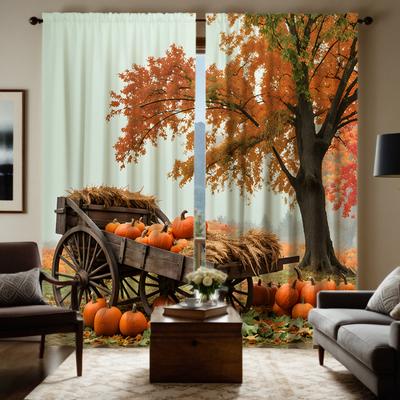 2pcs Set HD Thanksgiving Harvest Pumpkin Wooden Cart Decorative Curtain Yellow Tie Digital Printed Curtain Home Decoration St