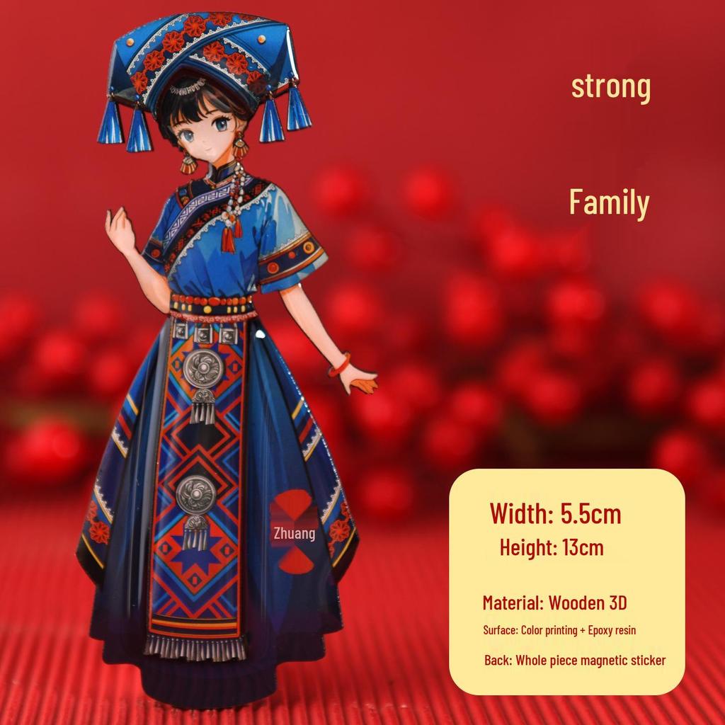 Chinese Ethnic Figures Wooden Magnets - Cultural Souvenir Stickers