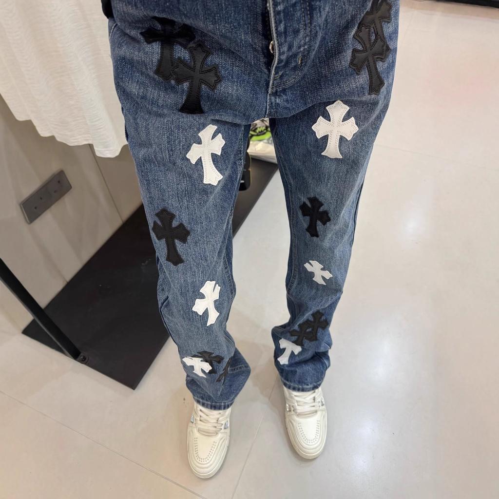 JYL Menns Bootcut Jeans Tegneseriebroderte Vinter Amerikansk Vintage Løse Vide Jeans