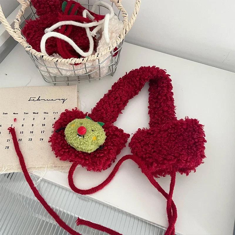 New Autumn Winter Knitted Earmuffs Girls Students Cartoon Apple Cute Strap Plush Ear Warmers Coldproof Warm Ear Covers Versatile