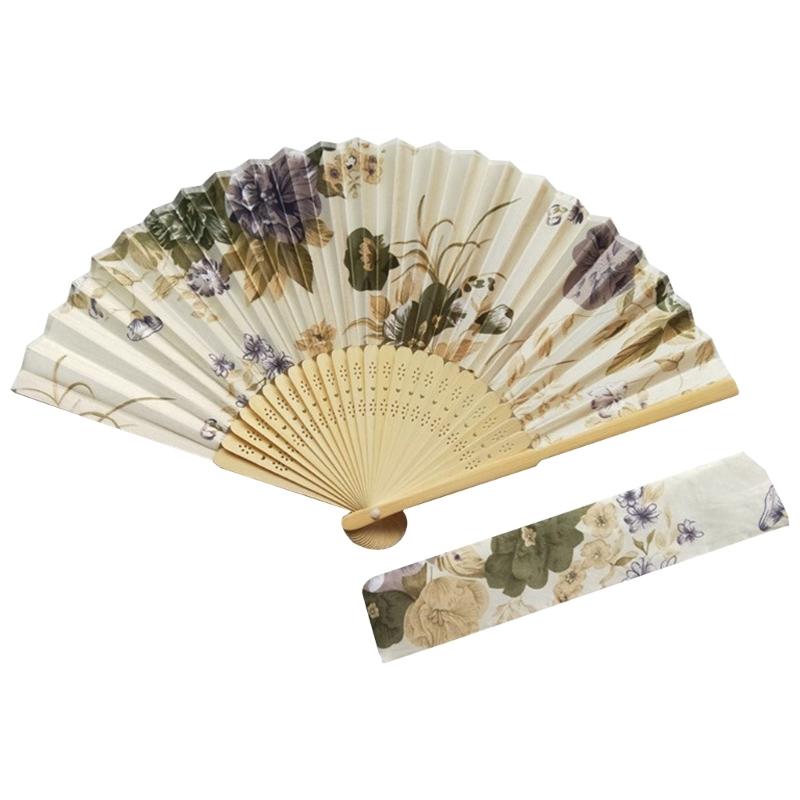 Vintage Folding Hand Fan with Bag Bamboo Fabric Fans for Women Dance Gift Music Festival Performances Wedding Decoration