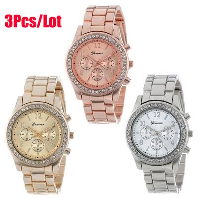 3pcs Geneva Chronograph Elegant Womens Watch