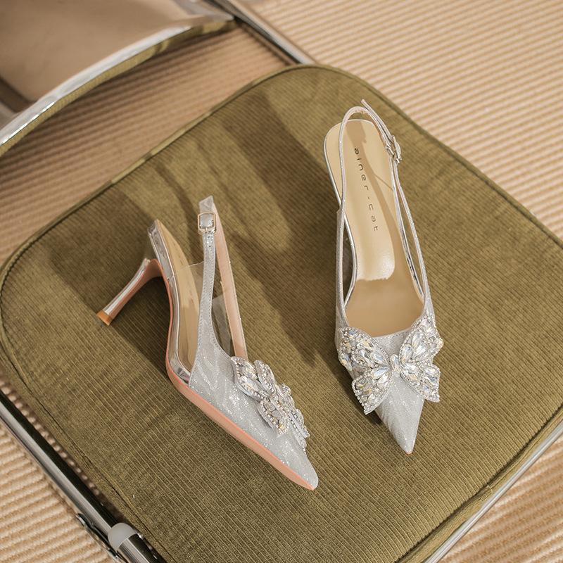 

7520-6 [sheepskin] high-heeled wedding shoes women s thin heels summer 2025 new pointed rhinestone bow sandals 39