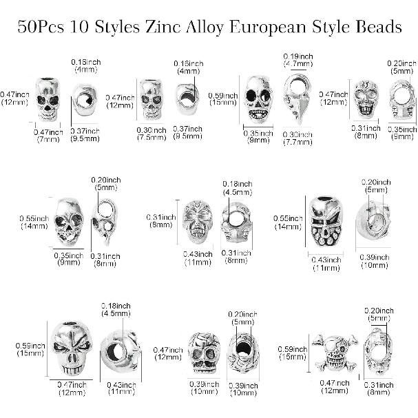 

50 Pcs 10 Styles Antique Silver Skull Beads Devil Spacer European Beads Metal Large Hole Skeleton Head Beads for DIY Bag Keychain Jewelry Making 100pcs-Alloy Flower Beads