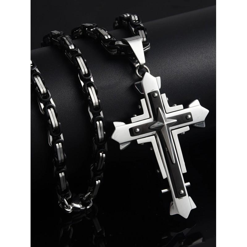 Stainless Steel Cross Pendant Necklace Men Women Geometric Layered Design Gold Black Finish 51-60cm Chain Length