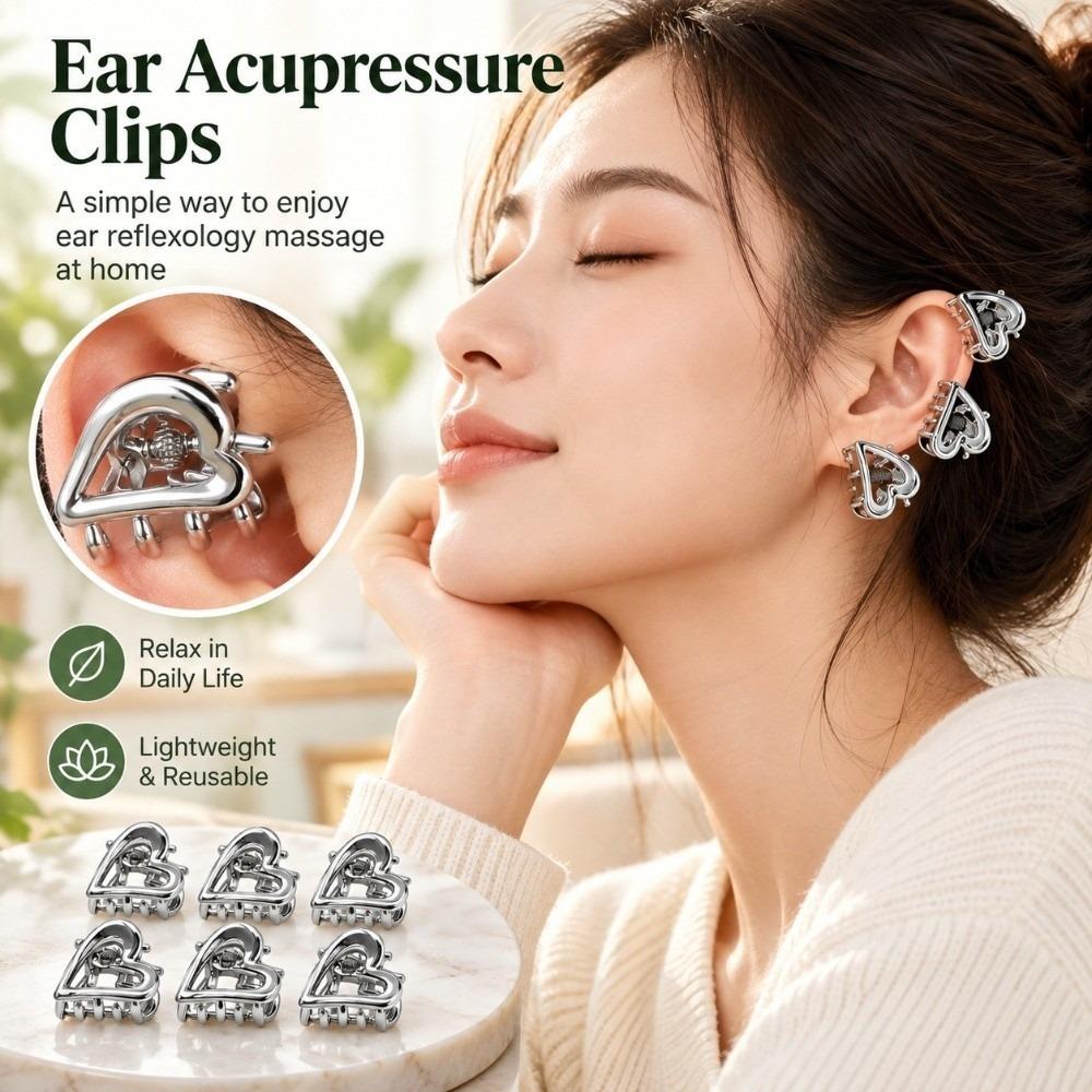 6Pcs Silver‑Tone Ear Acupressure Clips Heart Shaped Ear Acupoint Clips Household Use