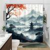 1Pc Tranquil East Asian Landscape Shower Curtain - Digital Painting Of Pagoda, Mountains, And Silhouetted Trees With Soft Peach
