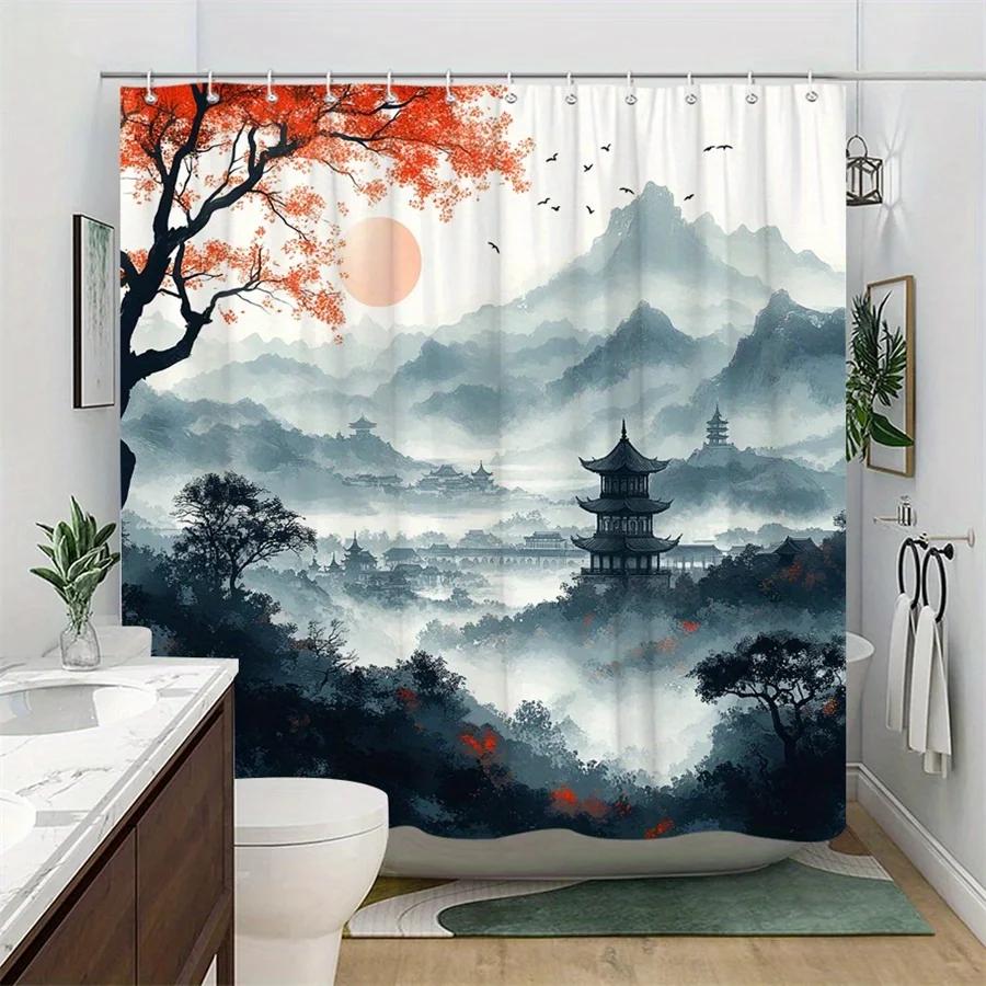 1Pc Tranquil East Asian Landscape Shower Curtain - Digital Painting Of Pagoda, Mountains, And Silhouetted Trees With Soft Peach