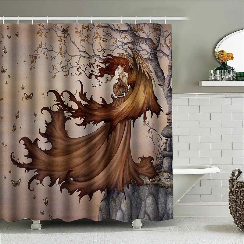 Fantasy Forest Waterfall Shower Curtain Gothic Nature Trees Waterfall Backdrop Bathroom Decor Vintage Floral Landscape Washable