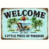 Vintage Rustic Iron Metal Wall Sign  Welcome To Our Little Piece of Paradise Beach Tree Decor Coastal Farmhouse Art