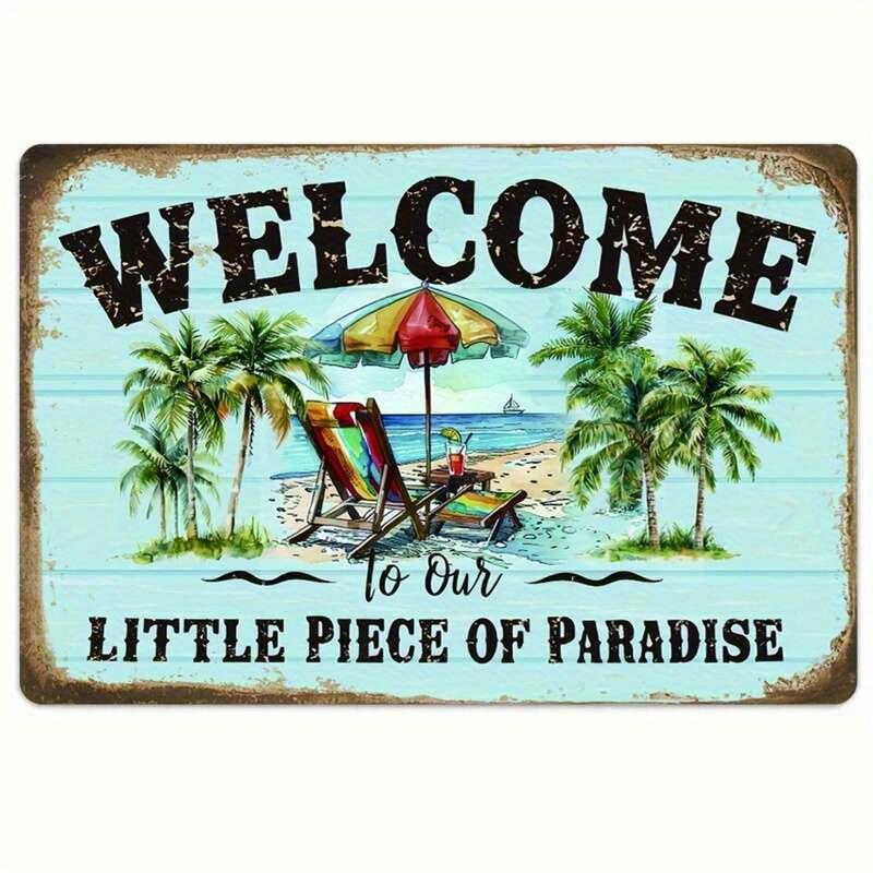 Винтажная Ржавая Железная Металлическая Настенная Табличка Добро Пожаловать в Наш Маленький Рай Декор с Пляжным Деревом Прибрежное Искусство Фермерского Дома 20x30cm（7.8x11.8inch）