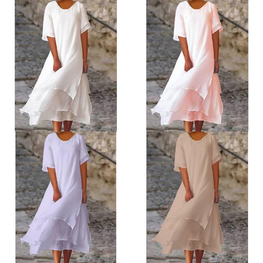 Vestido de Verano de Algodón y Lino de Doble Capa con Bloques de Color y Manga Corta de Cuello Redondo para Uso Casual