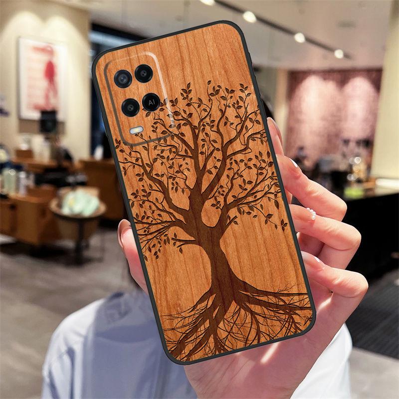 Tree Flower Bamboo Wood Case For Oppo A78 A98 A79 A18 A38 A58 A40 A60 A80 A16 A76 A96 A15 A74 A94 A54 A17 A77 Cover