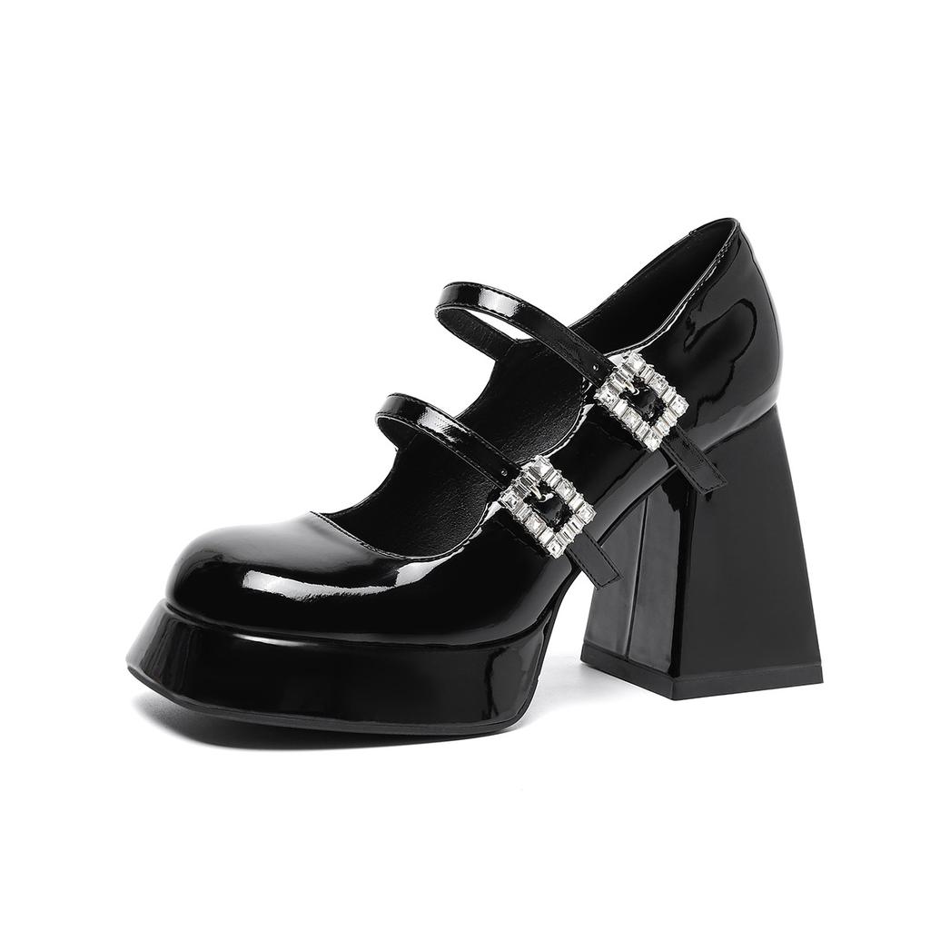 New Rhinestone Buckle Square Head Patent Leather Thick Heel High Heel Women's Shoes Platform Waterproof Table Mary Jane Versatile Height Increase