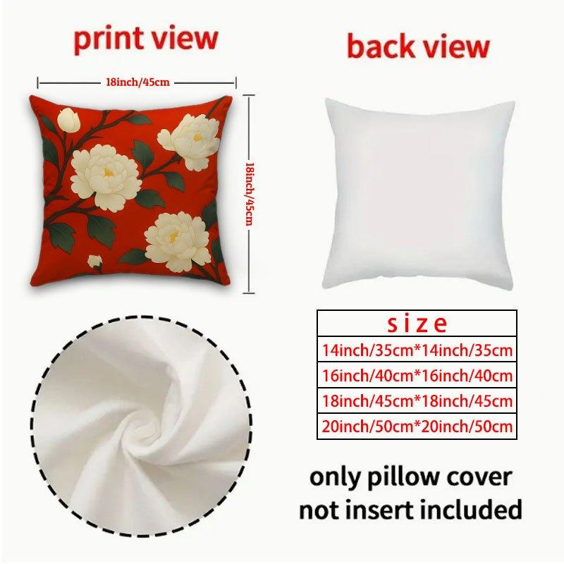 Red Floral Pillow Covers White Peony Lotus Decorative Throw Pillow Cases, Chinese Traditional Home Decor For Sofa Bed, No Insert