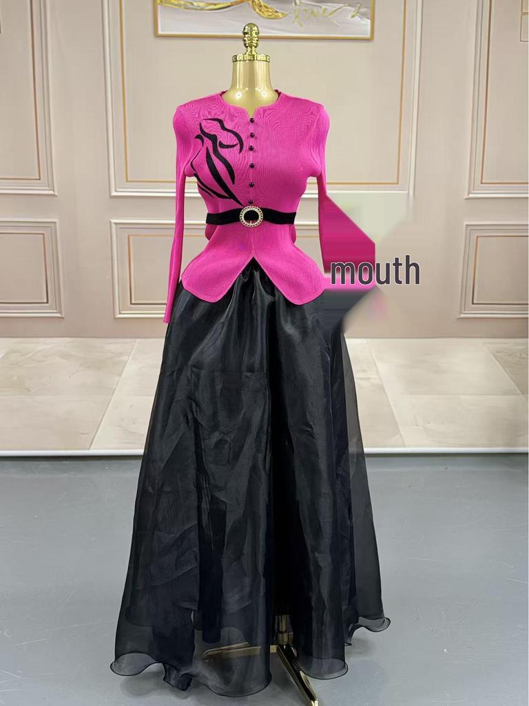 Miyake Pleats Plus Size Irregular Top & Elegant Skirt Set