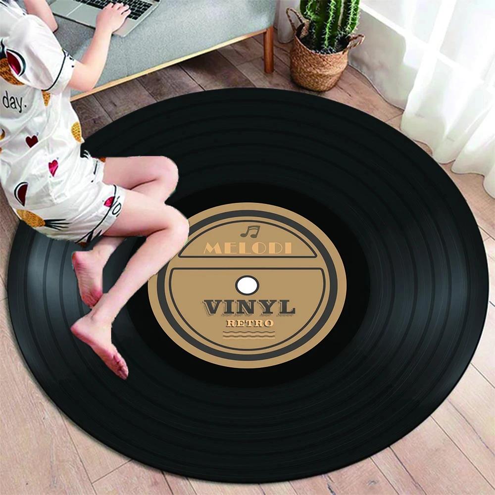 Runder Teppich mit klassischer Musik-Schallplatte, Teppiche für die Dekoration von Wohnzimmerstühlen, weiche, rutschfeste Bodenmatte zum Spielen für Kinder