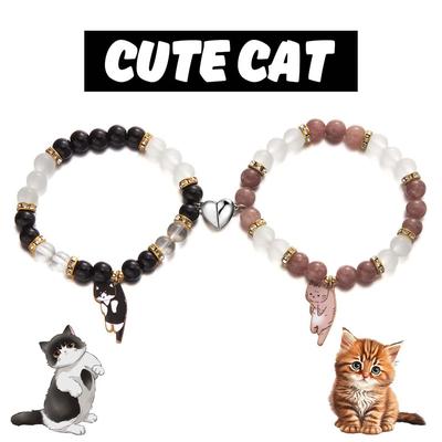 2 pulseras magnéticas para parejas con forma de corazón, a juego, con colgante de gato y gatito, para mujeres y hombres, joyería de boda