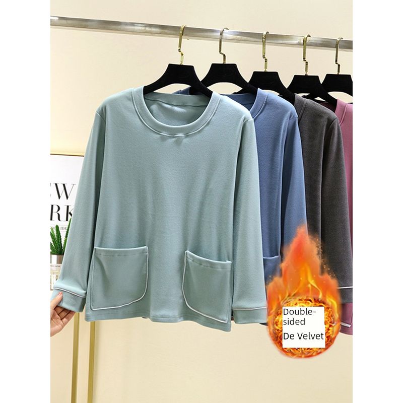 round Neck Dralon Warm Long Sleeve T-shirt Winter Thickened Casual Bottoming Shirt Double-Sided Brushed Plus Size Homewear Tops
