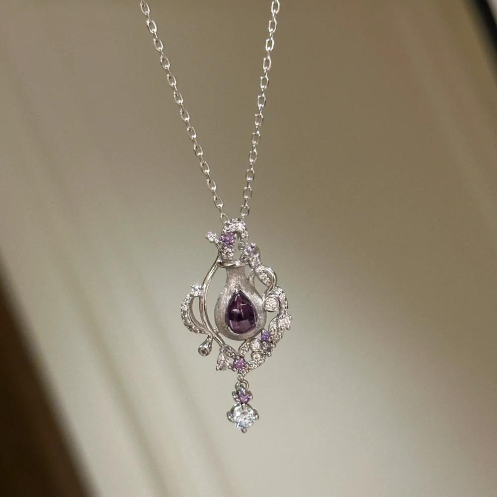 Italian Luxury Necklace with Real Amethyst Perfume Bottle Pendant and Purple Diamond for Women