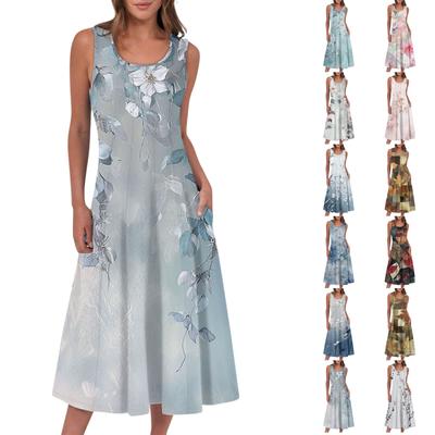 Women's Casual Fashion Floral Print Round Neck Sleeveless Midi Dress