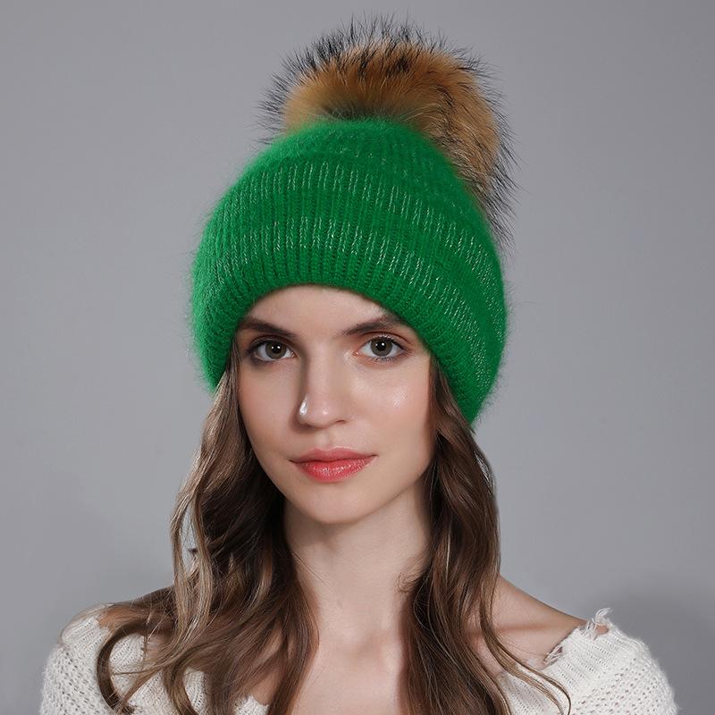 Women Winter Sliver Thread Versatile Rabbit Hair Raccoon Fur Ball Knitted Warm Pullover Hat