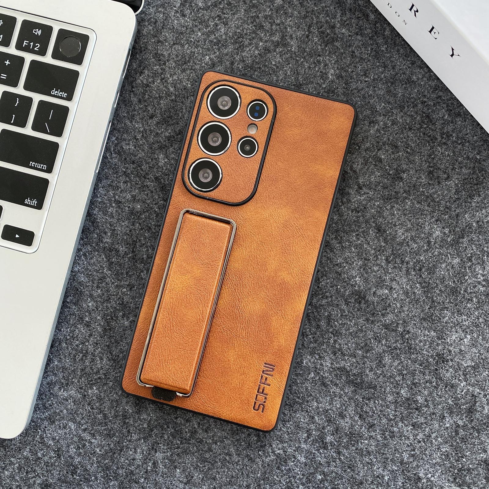

SOFFNI For Samsung Galaxy S25 Ultra Case Wrist Strap Kickstand Litchi Texture Leather Back Cover Brown
