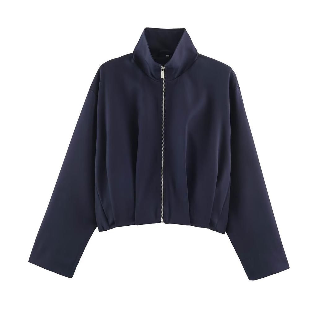 Women High Neck Long Sleeve Zip Pilot Short Jacket