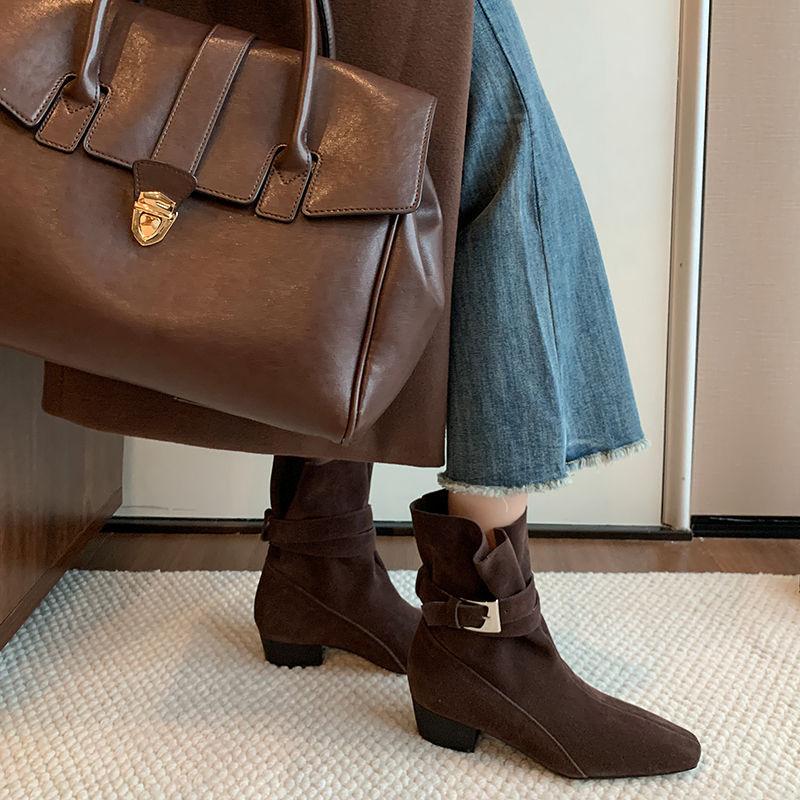 Old Money Wind~ Leather French Square Head Belt Buckle Short Boots Women's Thick Heel Martin Boots British Retro Versatile Skinny Boots