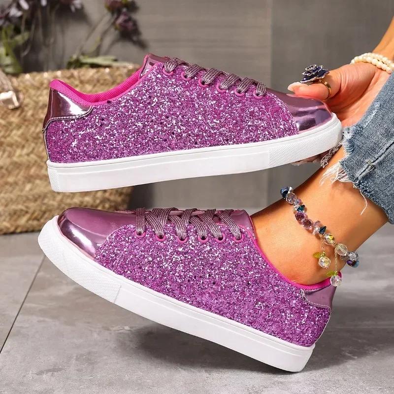 Fashion Women's Casual Sneakers Soft Sole Versatile New Round Toe Lace-Up Front Sequin Non-Slip Flat Single Shoes