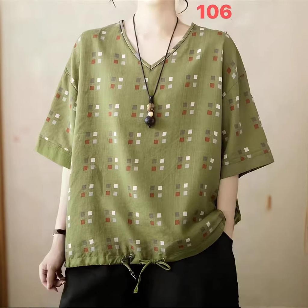 Summer Printed Short-sleeved T-shirt V-neck Cotton and Linen Loose Large-size Women's Top T-shirt Cotton and Linen Shirt
