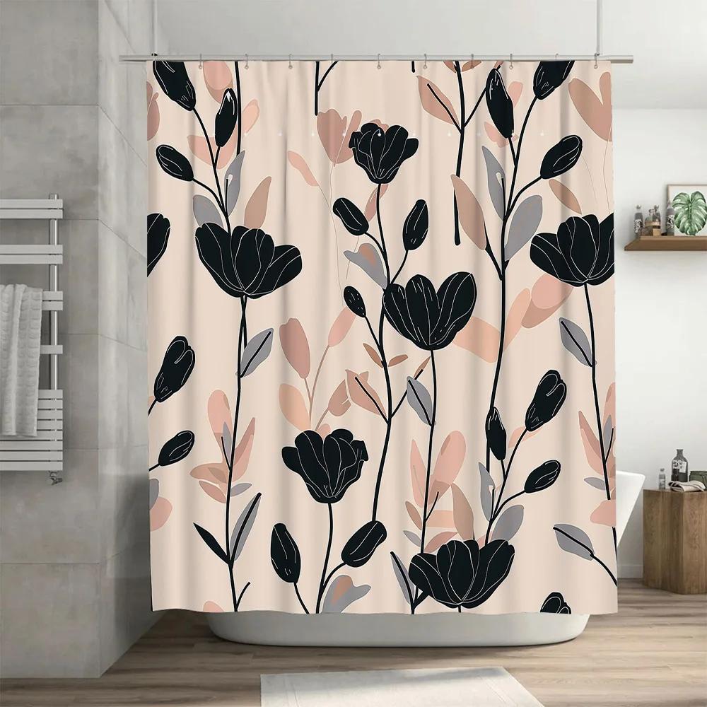 Modern Floral Shower Curtain Bathroom Decor Waterproof Fabric 3D Printed Customizable Home Decoration Pink Grey Black Colorful