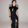 European & American Sexy Hollow Stand Collar High Slit Short Sleeve Long Dress