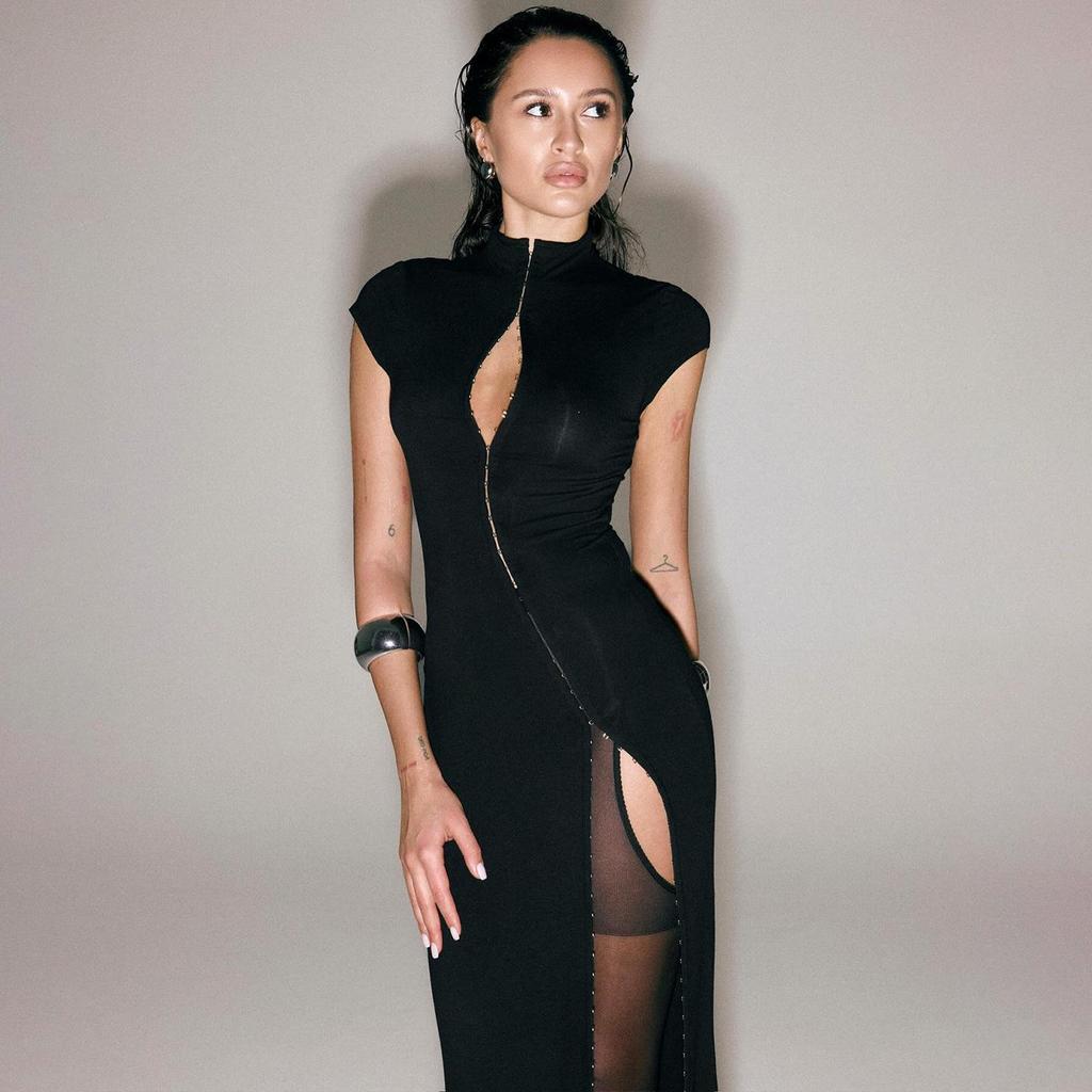 European & American Sexy Hollow Stand Collar High Slit Short Sleeve Long Dress