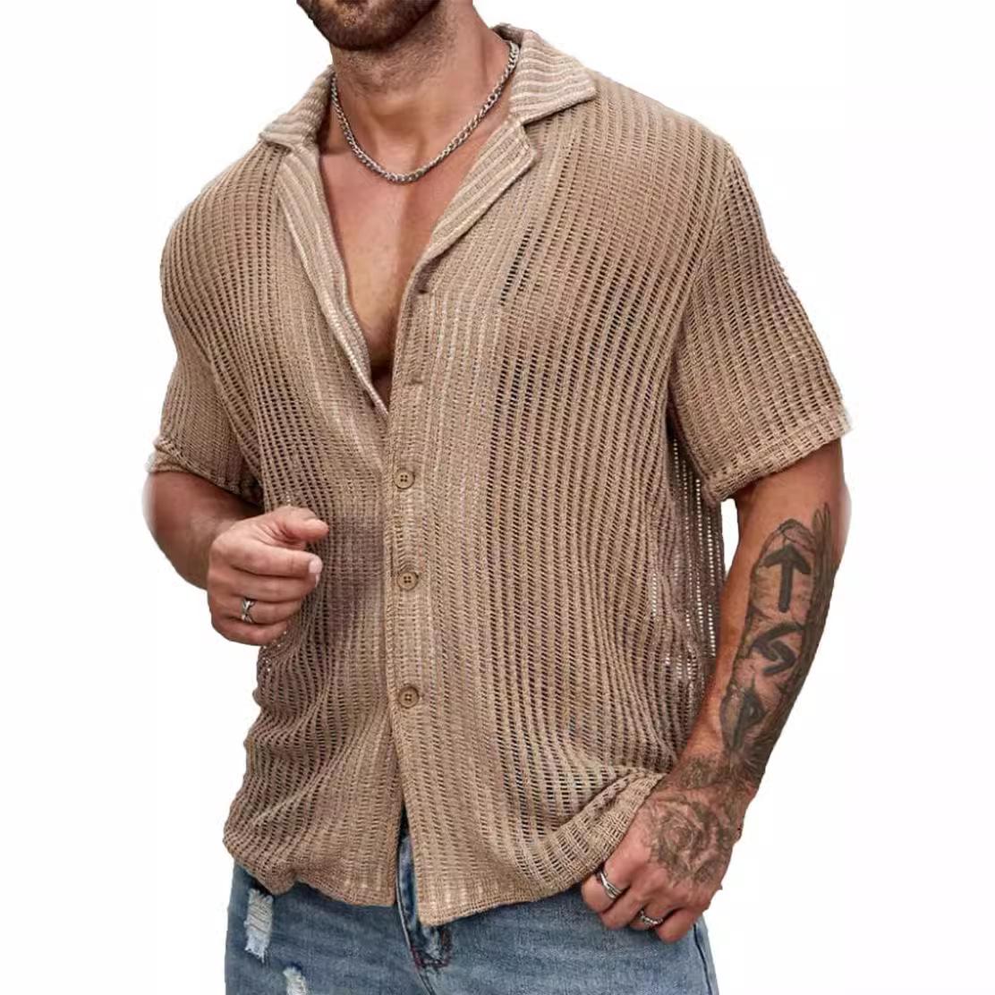 European And American Men S Summer Cool Shirt Men S Casual Knitted Sweater Hollow Breathable Short Sleeve Lapel Fashion Men S Clothing S хаки