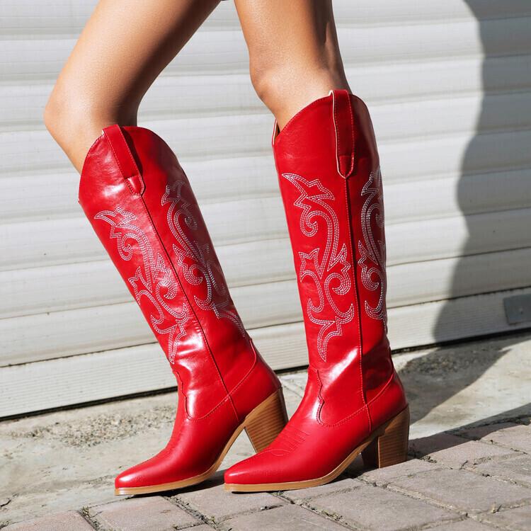 Boots New Retro Embroidered Western Cowboy Boots Tall Knight Boots Pointed Brown French High Heel Boots Women