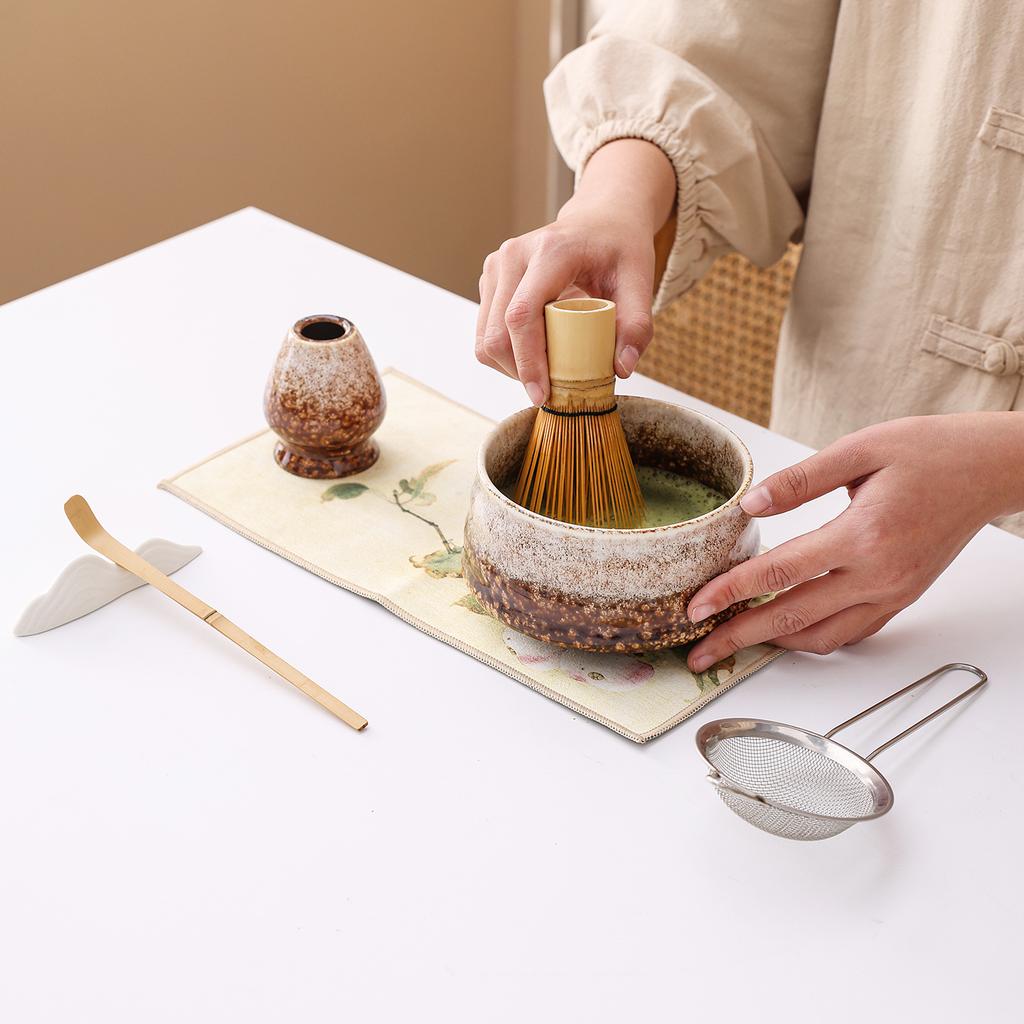 Japanese Matcha Tea Set Ceramic Chawan Bowl Whisk Holder Scoop Spoon Sieve Gift Traditional Tea Ceremony Kit for Home Restaurant