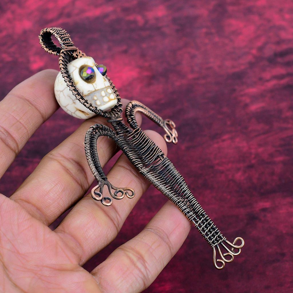 Howlite Gemstone Pendant Copper Wire Wrapped Pendant Titanium Bead Eyes & Skull Bone Face Pendant