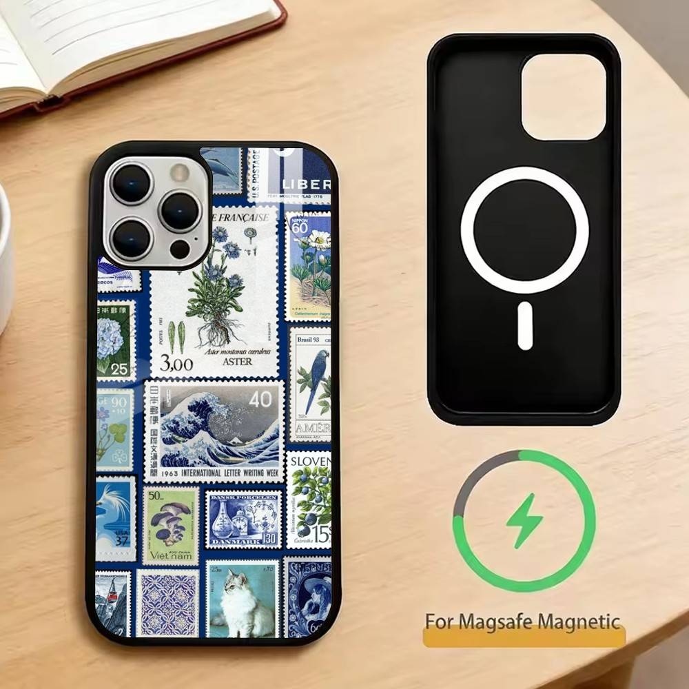 

Retro Stamp Phone Case For iPhone17,16,15,14,13,12,11 Plus,Pro Magnetic with Magsafe Wireless Charging iphone16e