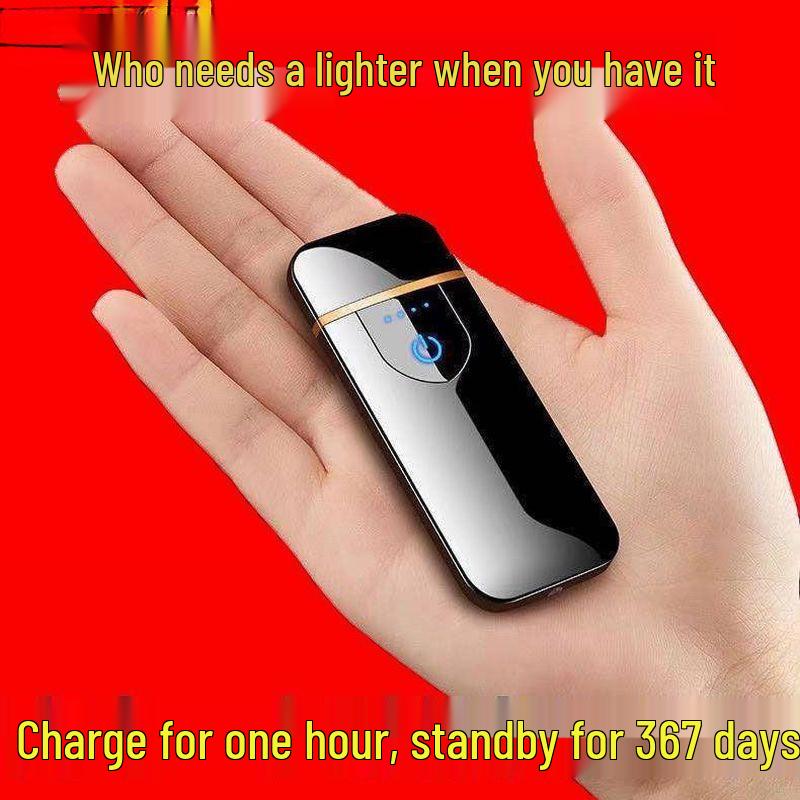 Men's Rechargeable High-Power Windproof Flip Lighter - Sleek Black Technology Design