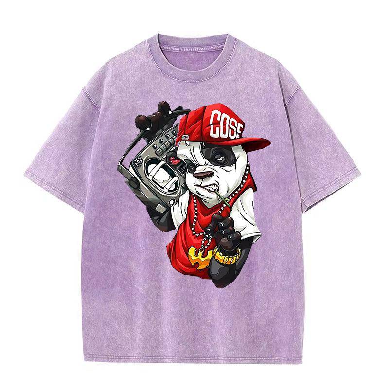 PAmerický retro vzor Hip Hop Medvěd Potisk Tričko Prané Bavlna Krátký Rukáv Letní Streetwear Vintage Unisex Top