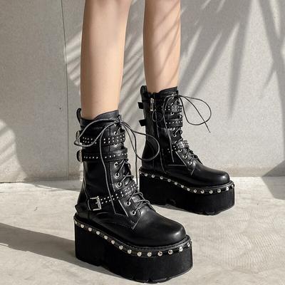Bottines de moto à lacets pour femmes, bout rond, plateforme épaisse, talons hauts, chaussures de Style gothique, printemps