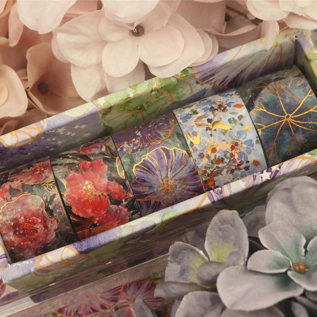 YUBBAEX Full Bloom Flower Masking Luxurious Gold Foil 25mm Wide X 5 Perfect for Gift DIY and Notebook Decorations Tape, Stamp, Rolls, Thin, Wrapping,