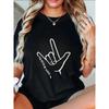 Oversize Women's Short-Sleeve T-Shirt with White Hand Gesture and "LOVE NEEDS NO WORDS" Text Print