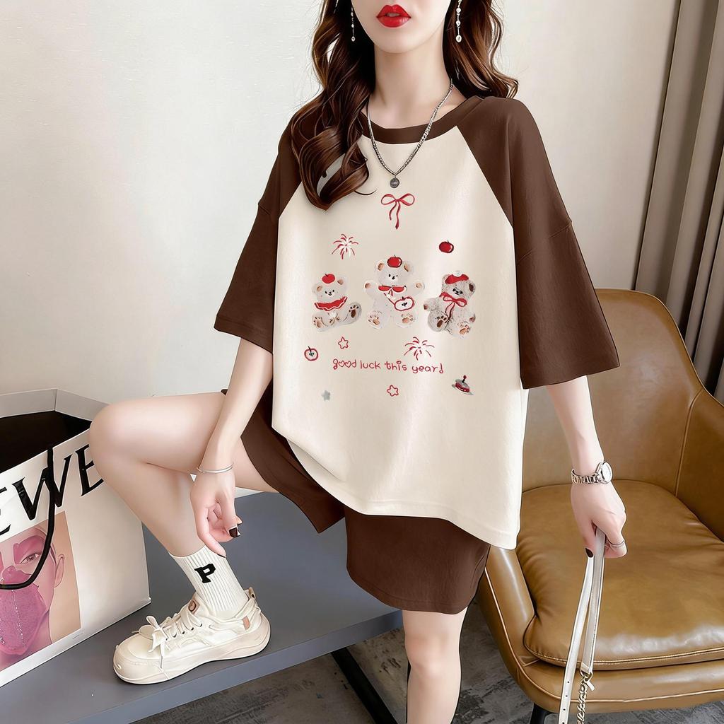 Plus Size Raglan Color Block Pure Cotton Short Sleeve Top for Women - Summer 2026