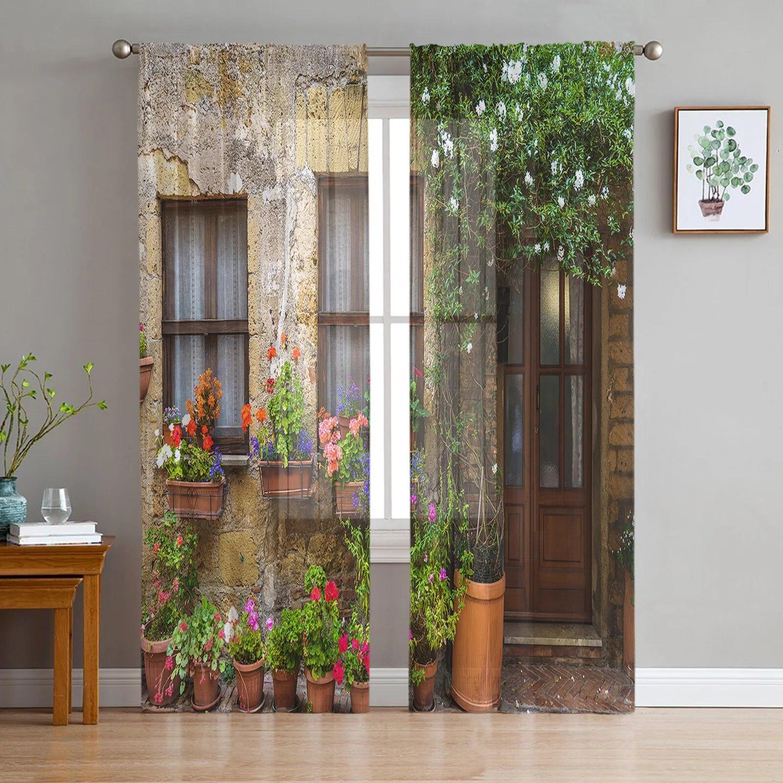 Italiaanse Stad Straat Transparante Gordijnen voor Woonkamer Transparante Tule Raambekleding Slaapkamer Keuken Huisdecoratie Sluier Gordijnen 135W x 114H(cm)