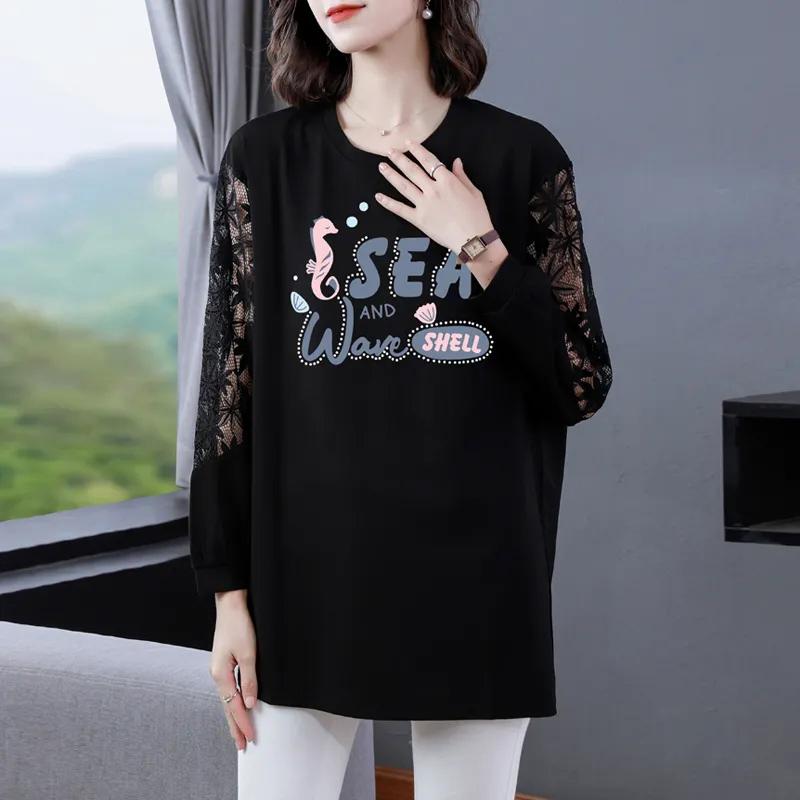 Tops Women's Fall and Winter Lace Hollow Loose Round Neck  Ing Shirt Simple Large Size Pullover Tops