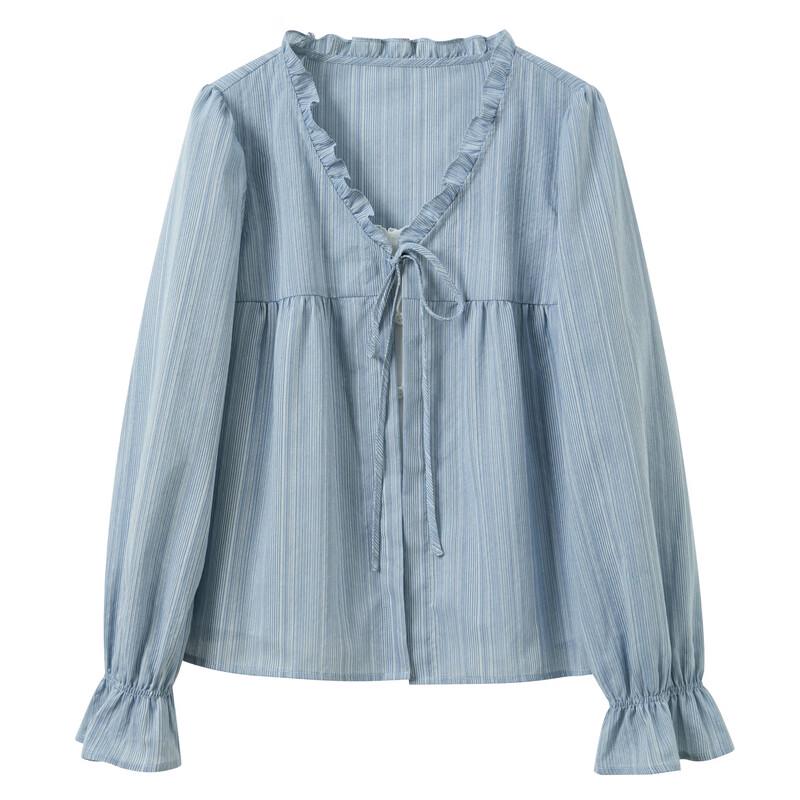 Sancai 2026 Spring Striped Ruffle Lace Top